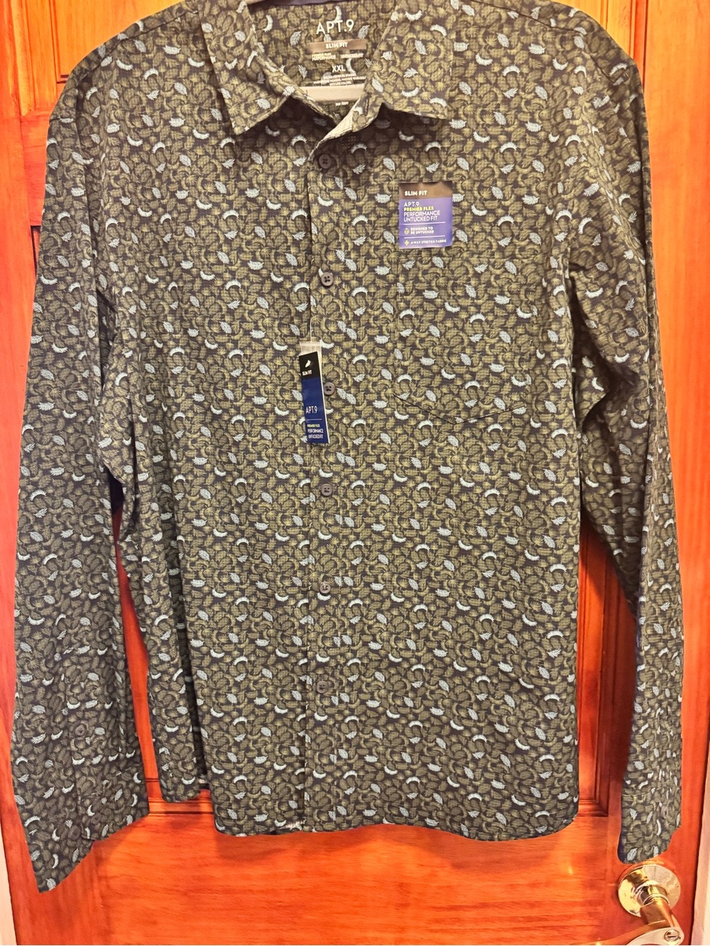 Apt. 9 Men's Olive and Light Blue Patterned Button-Down Shirt XXL